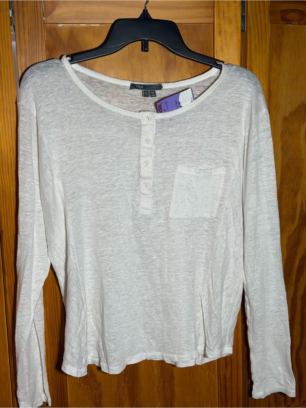 NWT Vince Long-Sleeve Linen Henley Pocket Top in Off-White| Sz L|Neutral